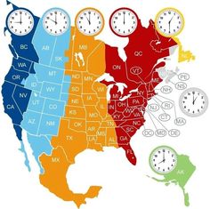 the united states with clocks in different colors and time zones on each state's map