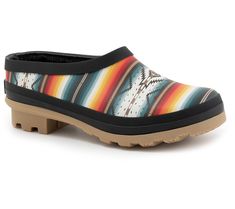 Showcasing a vibrant, beautiful pattern and cozy faux-fur lining, the Saltillo Sunset is a rubber clog that lets you splash through puddles in comfort and style. From Pendleton. Rubber Clogs, Beautiful Patterns, Clogs, Faux Fur, Fashion Shoes, Let It Be