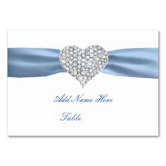 diamond heart wedding table name card with blue satin ribbon and bow on the front, white background