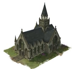 an old church with steeples and a clock on the tower is shown in this low poly model