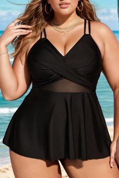 Plus Size Beach Mesh One Piece Swimsuit Vacation Sleeveless Tankini With Built-in Bra, Vacation Swimwear With Built-in Bra, One-piece Beachwear Top For Poolside, Sleeveless Swimwear With Built-in Bra For Vacation, Beachy Sleeveless Swimwear With Built-in Bra, Beach Season Tops With Built-in Bra, Sleeveless Beachwear Tankini For Vacation, Sleeveless Tankini For Beach Vacation, Vacation Swim Dress With Built-in Bra For Beach Season