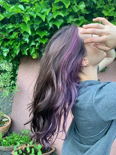 Split Dye Brown And Purple, Lilac Hair Streaks, Lavender Hair Underneath Brown, Color Block Hair Ideas Curly, Lavender Hair Highlights Brown, Colored Highlights In Brown Hair Purple, Partial Purple Hair, Colored Hair Underneath Brown, Brown And Light Purple Hair