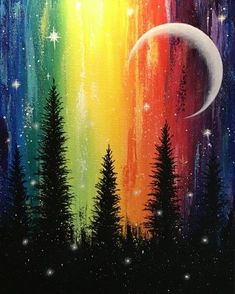 a painting of trees and the moon with stars in the sky above them, painted on canvas