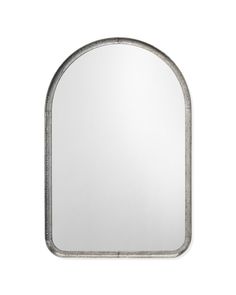 an arched mirror on a white wall with silver trimmings and a metal frame