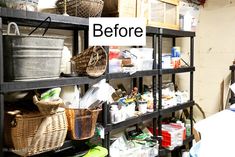 a room filled with lots of clutter and baskets on top of metal shelving