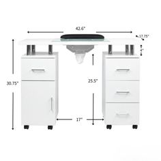 a white desk with two drawers and a black top is shown in front of the measurements