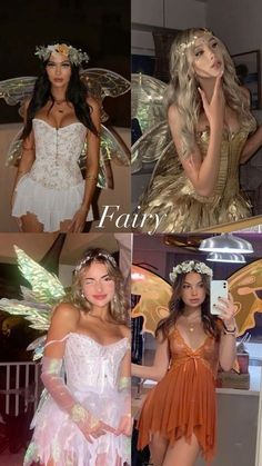 four photos of women dressed in fairy costumes, one is wearing a dress and the other has