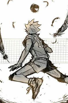 a drawing of a person playing volleyball on a court with birds flying around the net