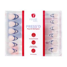 PRICES MAY VARY. Try our fastest manicure ever! Our pre-shaped, durable, non-damaging, and reusable press-ons will have your mani looking great in minutes! Santorini Dream is a medium almond with a semi-sheer nude with a dark blue outlined french tip and glossy finish. This manicure kit includes 24 press-on nails, 1 manicure stick, 5g of brush on nail glue and a mini nail file. At Revel Nail, we strive to offer the highest quality products. Our products are made in the USA, calcium and vitamin E Press On Nails Usa, Outlined French Tip, Revel Nail, Blue French Tips, Long Press On Nails, Short Almond Nails, Short Fake Nails, Gel Glue, Medium Almond