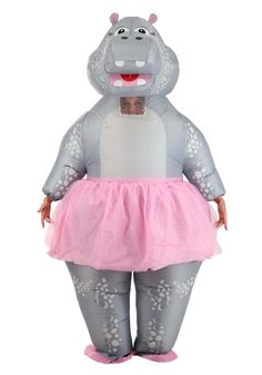 an inflatable hippo costume with a pink tutu skirt