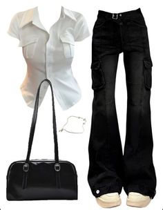 Outfits With Blouses And Jeans, New Jeans Black And White, Pants Blouse Outfit, Acubi Jeans, Blouse And Jeans Outfit, Cropped Shirt Outfit, Outfits With Black Jeans, Aesthetic Jeans Outfit, Cargo Jeans Outfit