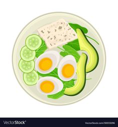 an egg, avocado and cheese on a plate with green leafy vegetables