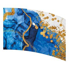 a blue and white scarf with gold designs on it