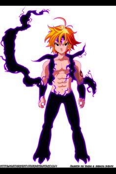 an anime character with yellow hair and black pants, standing in front of a white background