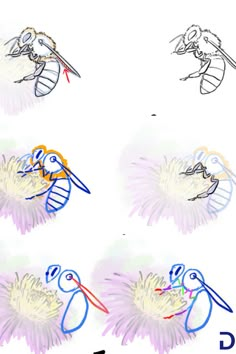 four different types of birds sitting on top of each other in the same drawing style