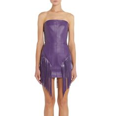 Purple Fringe Detail Strapless Leather Dress, Party Leather Dress, Mini Dress Designer Mini Dress For Evening, Luxury Spring Dresses For Fashion Events, Designer Mini Dress For Night Out, Fitted Chic Mini Dress For Fashion Events, Designer Fitted Mini Dress For Night Out, Fitted Mini Dress For Spring Fashion Events, Luxury Strapless Mini Dress For Night Out, Designer Mini Party Dress, Designer Mini Length Party Dresses