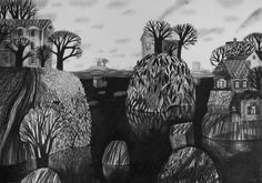 a black and white drawing of some trees