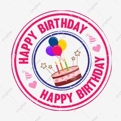 a happy birthday badge with balloons and stars in the center, on a white background