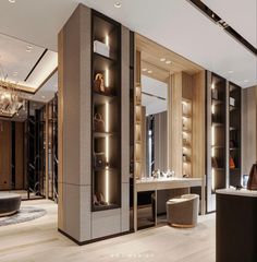 the interior of a modern bathroom is lit up with lights and chandelier above it