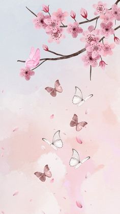 pink flowers and butterflies flying in the sky