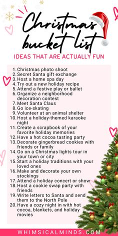 Ho! Ho! Ho! It's time to spice up your holiday season with our ultimate Christmas Bucket List! From cozy family traditions to heartwarming new adventures, this list has everything you need to ignite the festive magic and make memories that'll last a lifetime! Bucket List Ideas Christmas, Inexpensive Christmas Traditions, Christmas Staycation Ideas, Hosting Christmas First Time, Christmas Bucket List For Teens, Christmas Bucket List For Couples, Christmas Everything, Christmas Bucket List For Kids, Places To Visit For Christmas