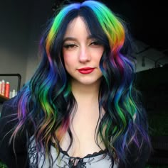 This custom colored wig is 20 in length and is 100% human hair. This wig is safe to be washed and styled but would HIGHLY recommend washing in ice cold water to prevent colors from bleeding and premature fadeout. Long Vivid Hair, Split Bangs Color, Rainbow Babylights, Pinwheel Hair Color Ideas, Split Dyed Hair Ideas, Black And Rainbow Hair, Vivid Colors Hair, Vivid Color Hair, Chunky Highlight