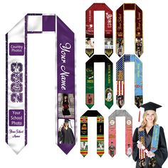 a woman in graduation gown and cap standing next to ribbons with pictures on them that spell out the name of her graduate