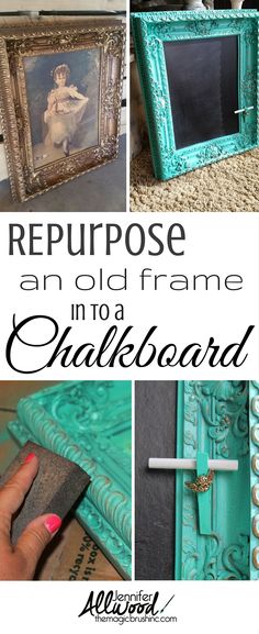 repurpose an old frame into a chalkboard with some paint and gold trim