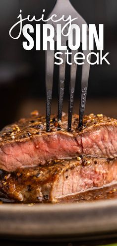 A close up view of a sirloin steak that has been cut in half and stacked on top of each other. Best Sirloin Steak Recipes, Petit Sirloin Steak Recipes, Sirloin Tip Steak Recipes, Stove Top Steak, Chinese Beef Recipes, Sirloin Tip Steak, Striploin Steak, Sirloin Steak Recipes