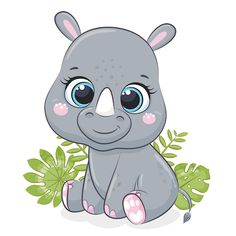 a cartoon rhino with big blue eyes sitting on the ground next to some green leaves