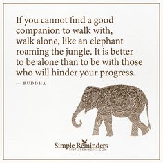 Walk alone If you cannot find a good companion to walk with, walk alone, like an elephant roaming the jungle. It is better to be alone than to be with those who will hinder your progress. — Buddha Buddha Elephant Tattoo, Elephant Quotes, Walk Alone, Simple Reminders, An Elephant, A Quote, Note To Self, Good Advice, Great Quotes