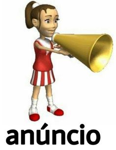 an animated girl holding a large golden bullhorn in her right hand and the word annucio written below it