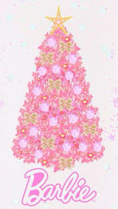 a pink christmas tree with gold stars on it and the words bake written below