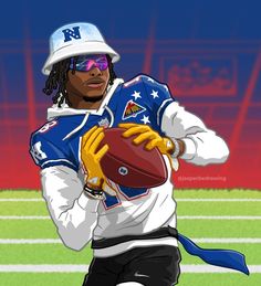 a drawing of a football player wearing sunglasses and holding a ball in one hand while standing on a field