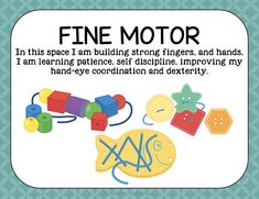 a poster with words describing fine motor in the middle and an image of toys on the bottom