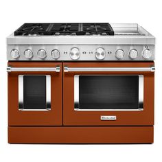 Satisfy your craving to create with a 48-inch KitchenAid® Commercial-Style Range with Even-Heat™ Chrome Electric Griddle. This dual fuel range combines an electric double oven with a 6-burner gas cooktop. Two 20, 000 BTU Ultra Power™ Dual-Flame Burners offer power and precision to successfully sear, simmer, stir-fry and sauté. Even-Heat™ True Convection helps you achieve more consistent baking and roasting. KitchenAid 48-in 4.1-cu ft / 2.2-cu ft Self-cleaning Convection Oven Freestanding Smart D Freestanding Double Oven, Gas Range Double Oven, Cleaning Oven Racks, Self Cleaning Ovens, Electric Griddle, Dual Fuel Ranges, Large Oven, Gas Oven, Gas Cooktop