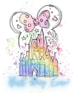 a drawing of a castle with balloons and stars