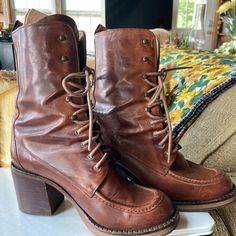 Thank You For Taking The Time To Look At My Listing! You Are Bidding On A Pair Of Karen Combat Boots Or Leather Granny Boots. The Brand Is Boules And They Are Made In Spain. I Would Compare These To Frye Or Maybe Even Better Made. The Leather Is So Buttery Soft On These Boots. They Run Pretty True To Size At 8.5. They Are Showing A Little Heel Wear And There Is Some Wear On The Leather. There Is A Small Stain On The Inside Of One Of The Boots. They Have A 5" Heel. Granny Boots, Stacked Heel, Shoes Heels Boots, Cognac, Shoes Women Heels, Heeled Boots, Combat Boots, To Look, Shoes Heels