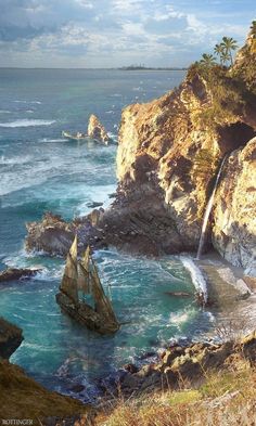 a sailboat in the water near a rocky cliff with a waterfall coming out of it