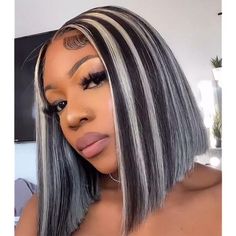 Highlight Grey, Wigs Highlights, Highlight Bob, Lace Front Bob, Platinum Highlights, Bob With Highlights, Platinum Blonde Highlights, Highlights Color, Virgin Hair Wigs