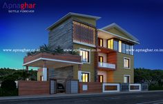 this is a 3d rendering of a modern house in the evening time with lights on