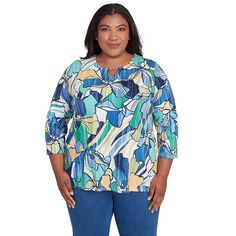 Bring the wow factor to your wardrobe when you add this Alfred Dunner Drama Floral Three Quarter Sleeve Tee to your collection.Click on this WOMEN'S GUIDE to find the perfect fit and more! FEATURES Stand out in this beautiful drama worthy floral print top. The beaded crew neckline makes this top perfect for any timeless look! 3/4-length sleeves CrewneckFIT & SIZING 26-in. length from shoulder to hemFABRIC & CARE Cotton, spandex Machine wash and line dry Imported Size: 1X. Color: Blue. Gender: fe Stained Glass Floral, Three Quarter Sleeve Tops, Women Floral Blouse, Black And White Blouse, Alfred Dunner, Petite Tops, Floral Print Tops, Plus Dresses, Plus Size Shirts