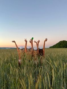 three people standing in tall grass with their hands up