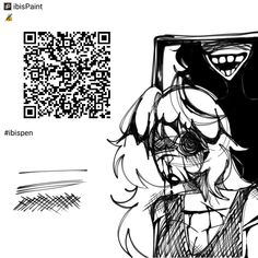 a black and white drawing of a person with a qr code in the background