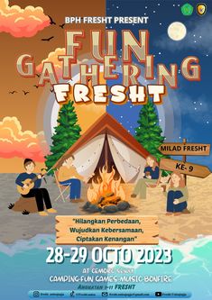 the poster for fun gathering fresh, featuring people sitting around a campfire and camping signs