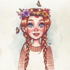 a drawing of a girl with braids and butterflies on her head