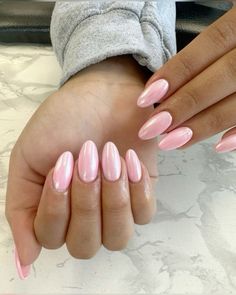 Light Pink Nail Inspiration, Pink Nail Inspo Acrylic Almond, Cute Nails With Chrome, Nails For Hoco Pink Dress, Light Pink Peach Nails, Hot Pink French Nails Almond, Light Pink Nails For Prom, Baby Pink Almond Nails With Design, Cute Nails No Design