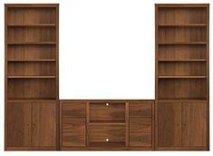 an open bookcase with two doors and three shelves on each side, in front of a white background