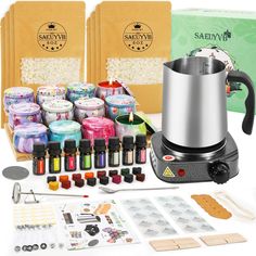 an assortment of crafting supplies including a coffee pot