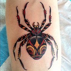 a colorful spider tattoo on the leg